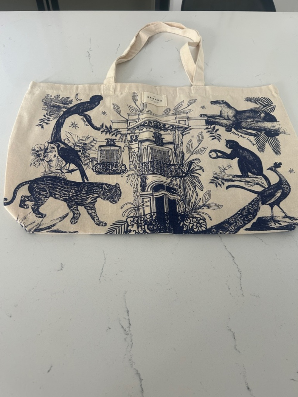 Sezane -Canvas Animal & Architecture Tote - Navy on Natural-new!!!!